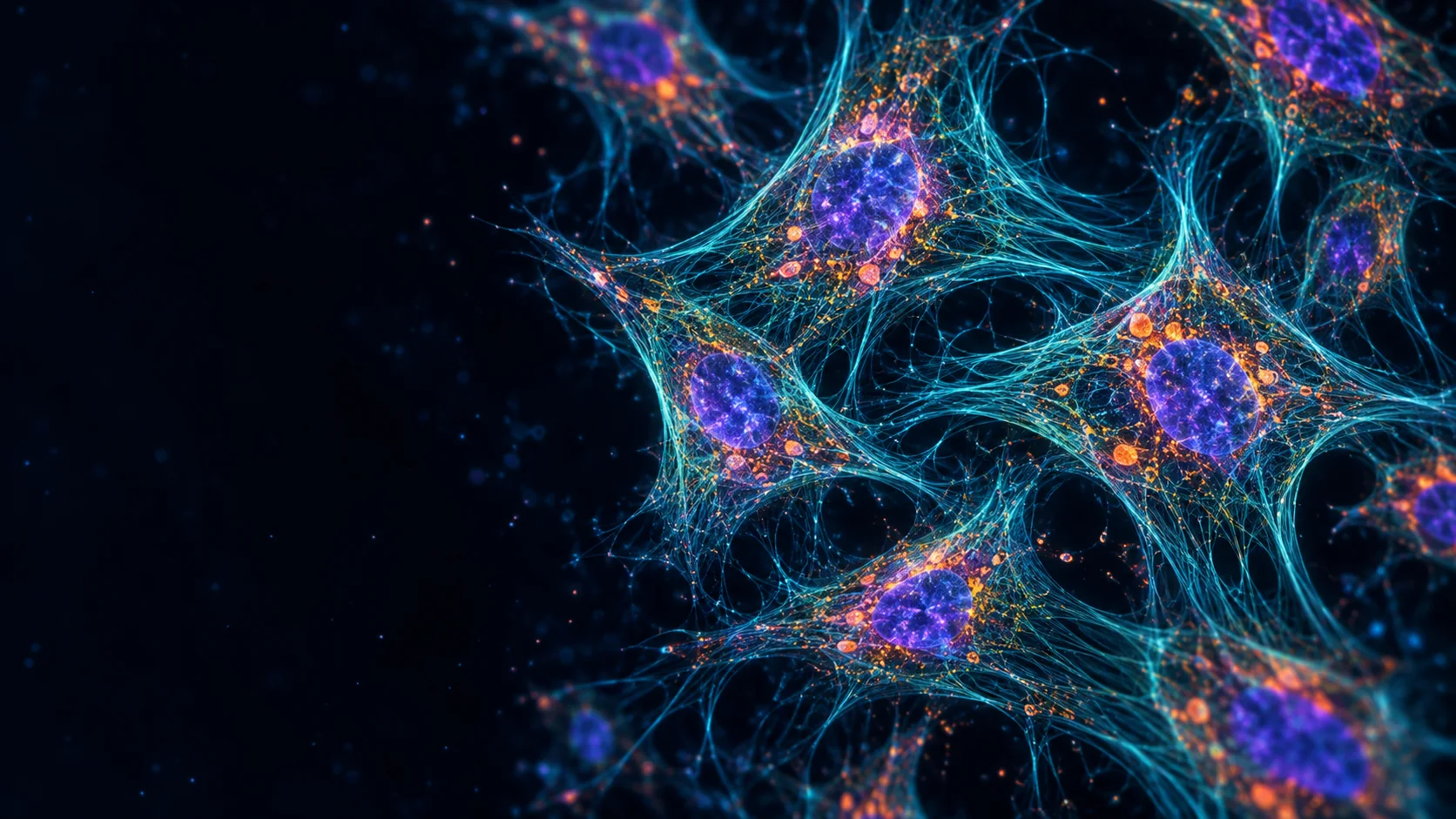 Illustrative fluorescence inspired cells with blue nuclei, cyan filaments, and orange puncta