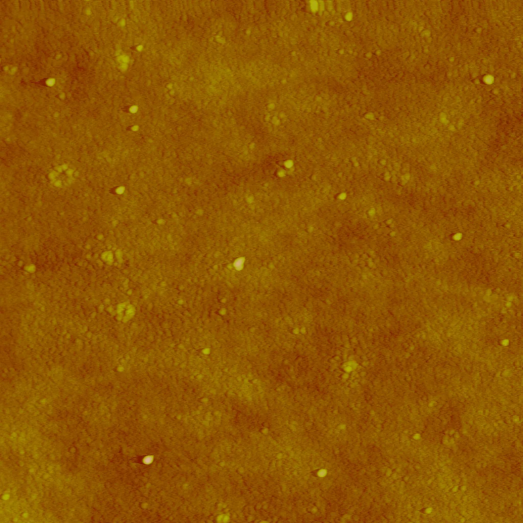 Colorized atomic force microscopy height map of silver nanoparticles on an orange background